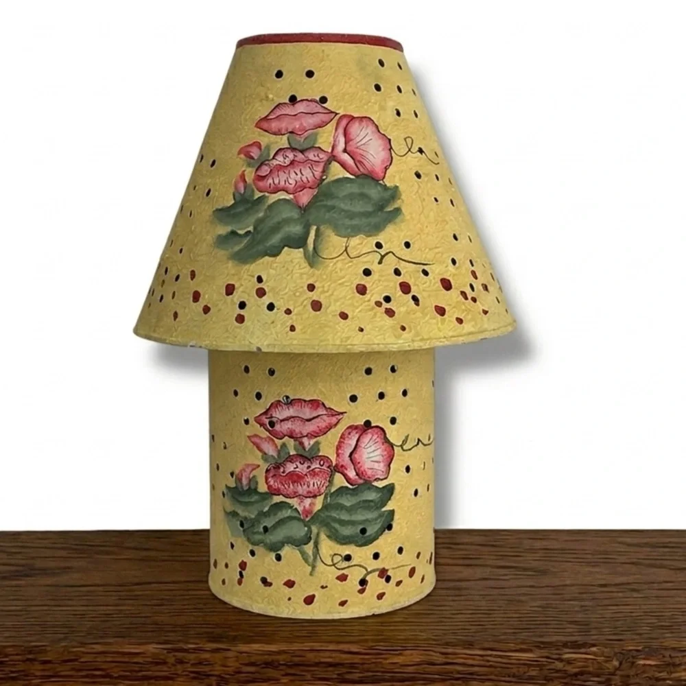 Vintage Hand Painted Galvanized Metal Jar Candle Lamp Yellow Floral 2000 - Picture 16 of 16